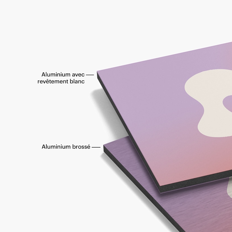2 panneaux composites en aluminium : l’un en aluminium brossé, l’autre en aluminium avec revêtement blanc. 