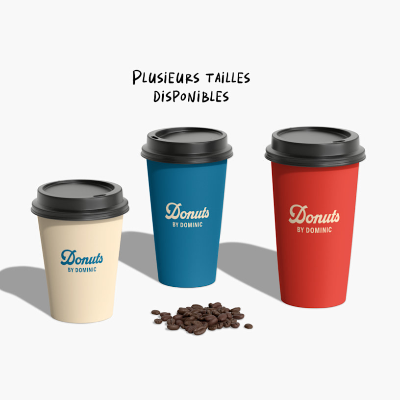 Trois tailles différentes de nos gobelets à café personnalisés en carton, disposés côte à côte.