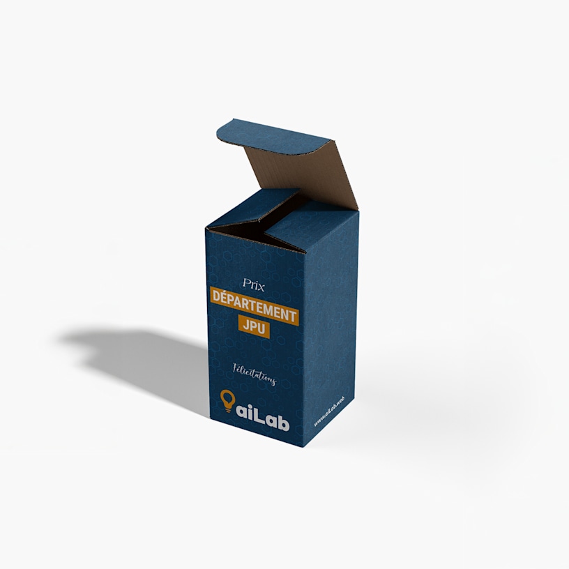 Une boîte à pattes rentrantes bleue, créée pour un prix attribué à un employé exemplaire dans un service.