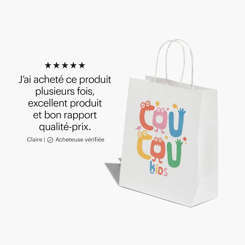Un sac en papier blanc standard, créé pour un magasin de jeux pour enfants, et accompagné d’un témoignage client vérifié : « J’ai acheté ce produit plusieurs fois. Excellent produit et bon rapport qualité-prix. »