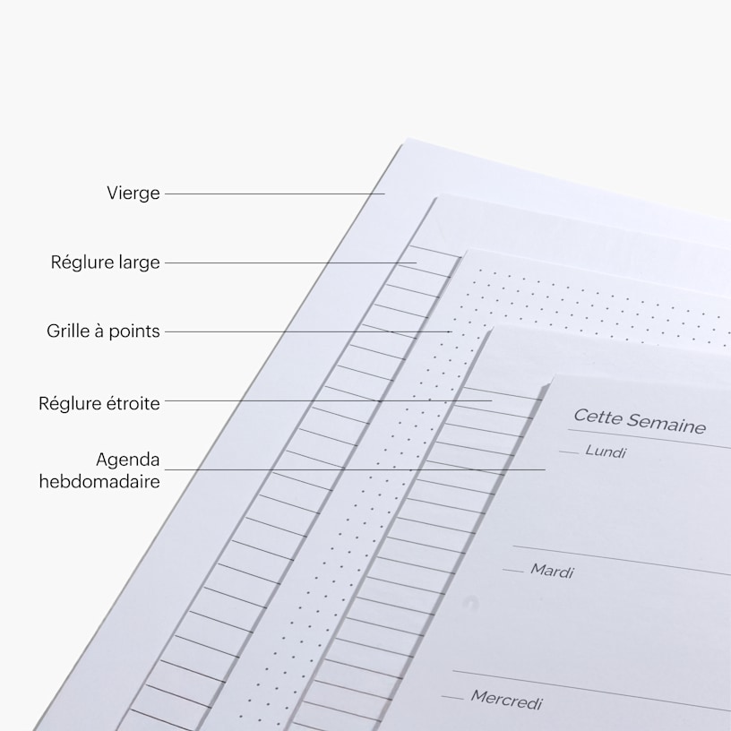 Pages intérieures de différents cahiers, notamment vierges, à réglure large, grille à points, réglure étroite et agenda hebdomadaire. 