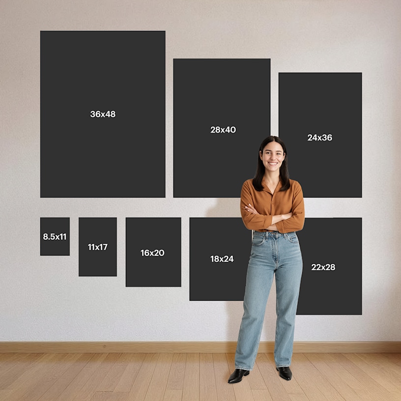 Nos 8 formats d’affiches côte à côte pour comparaison, avec une femme devant pour l’échelle.