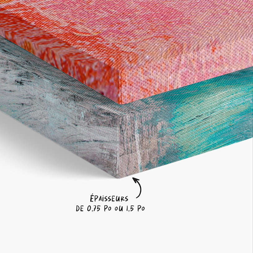 Deux toiles empilées l’une sur l’autre, sur lesquelles des images de paysage sont imprimées, avec une note disant que des profondeurs de 0,75 po et de 1,5 po sont proposées.