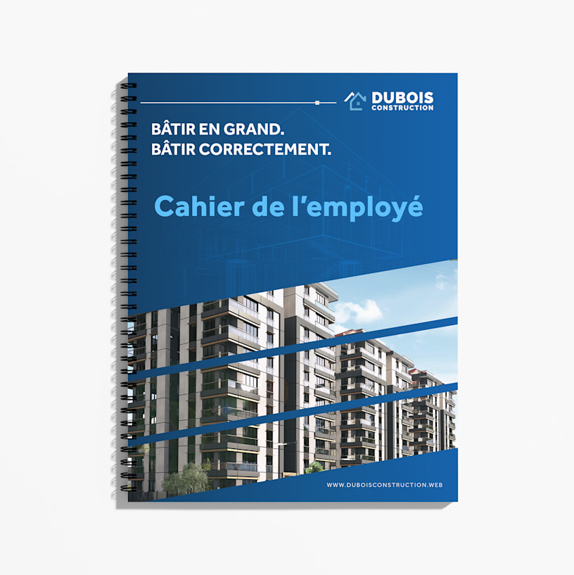Un manuel pour les employés d’une entreprise de construction, présentant une reliure métallique et une couverture bleue illustrée de photos de bâtiments résidentiels.