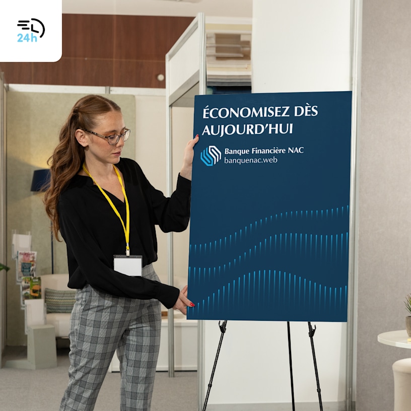 Une femme debout à côté d’un panneau en carton-mousse présentant des services bancaires, installé sur un chevalet, avec une icône de livraison en 24 heures dans le coin.