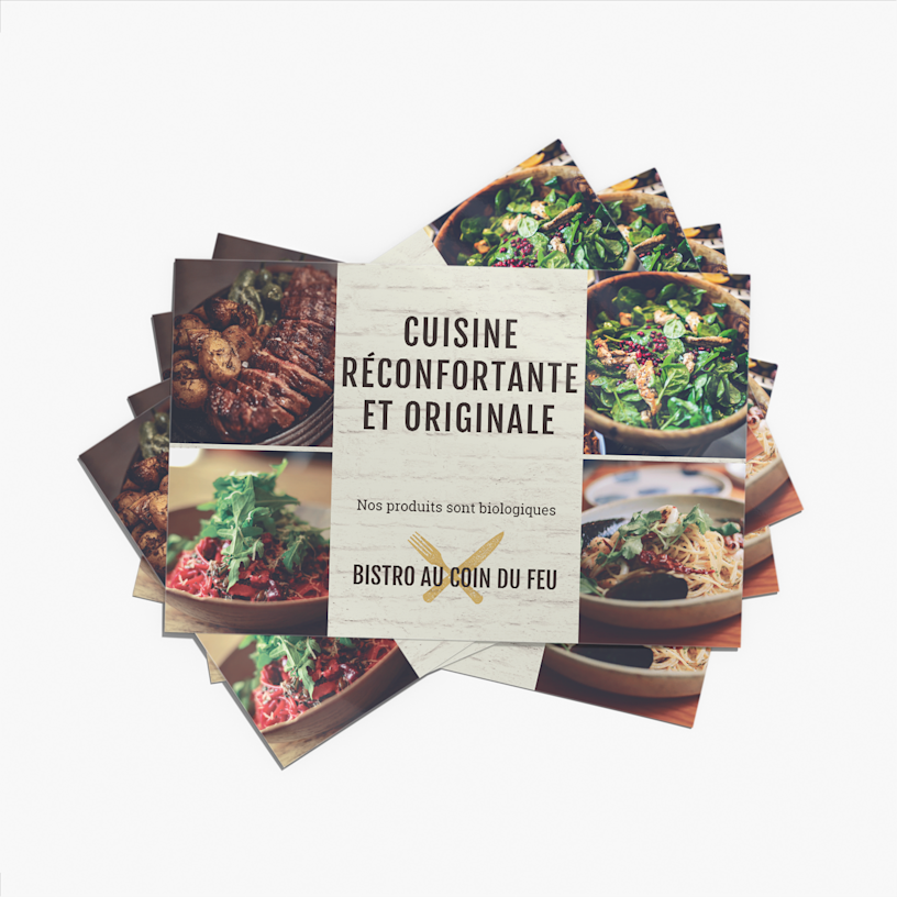 Une pile de napperons d’un bistro montrant certains éléments du menu et faisant savoir aux clients que la nourriture est biologique.