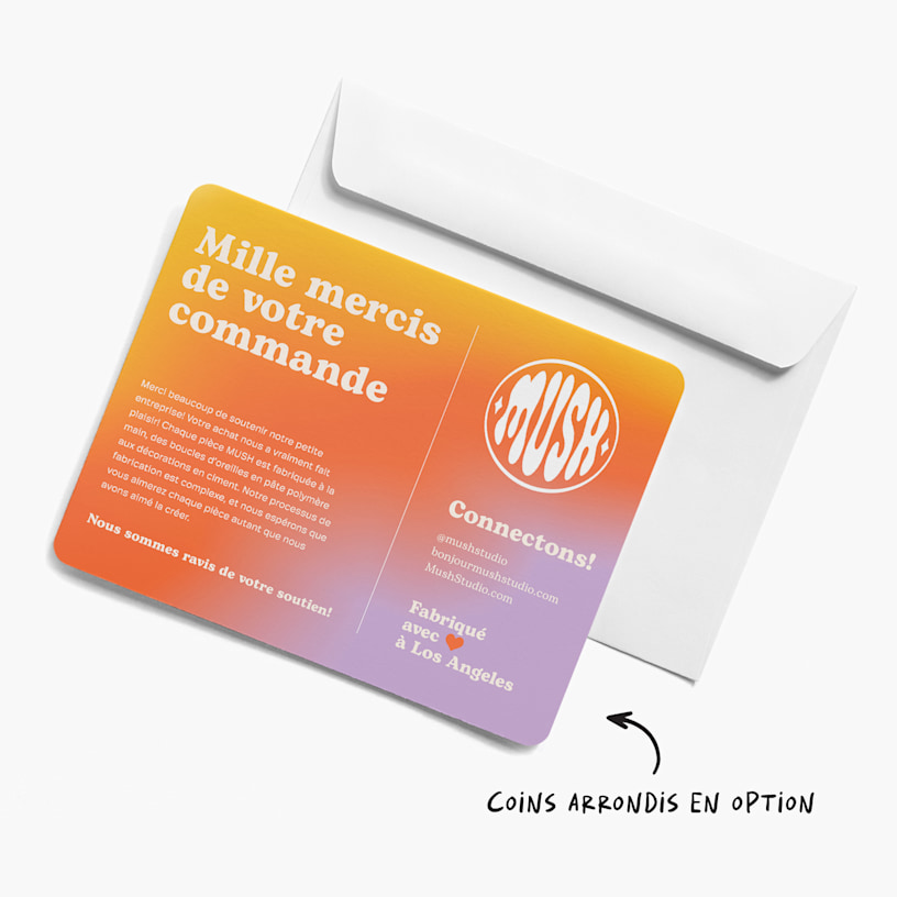 Une carte de remerciement de couleur ombrée d’une petite entreprise nommée Mush. 