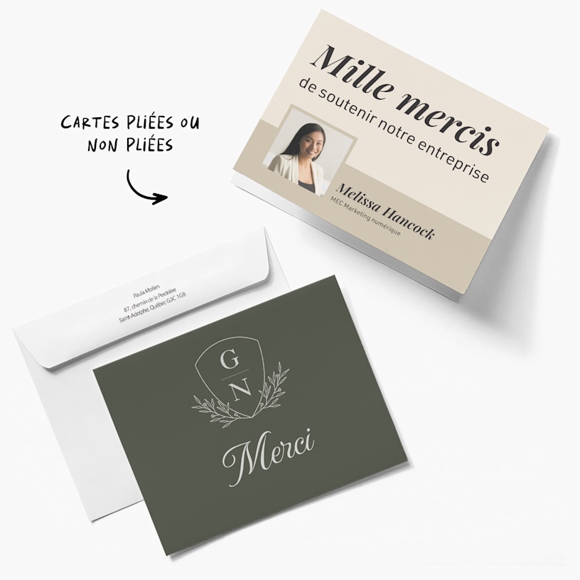 Deux cartes de remerciement, une personnalisée pour une entreprise et une pour un mariage. 