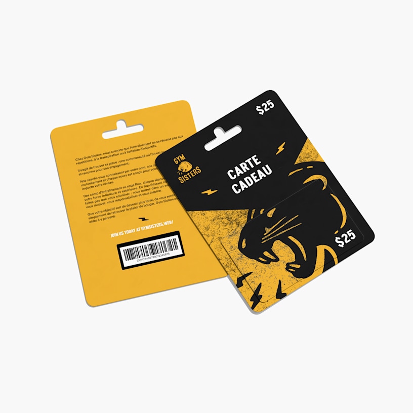 Le recto et le verso d’un œillet avec un porte-cartes-cadeaux de fenêtre et une carte-cadeau d’une salle de sport.