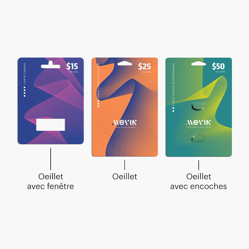 Trois porte-cartes-cadeaux colorés avec les trois styles disponibles. 