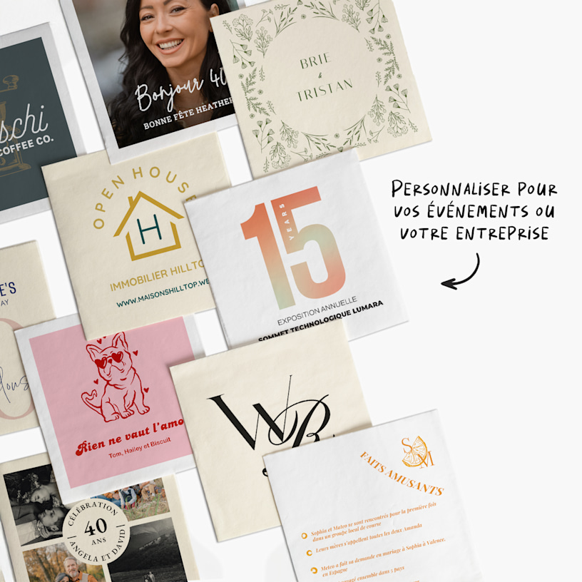 Diverses serviettes de cocktail imprimées pour différentes entreprises et occasions, avec une note indiquant que vous pouvez personnaliser des serviettes de table pour des événements ou votre entreprise. 
