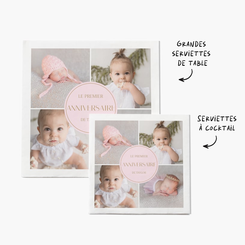 Deux serviettes de table avec la photo d’une petite fille et un message de fête d’anniversaire, avec des notes indiquant que l’une est une serviette de table grand format et l’autre une serviette de table format cocktail. 