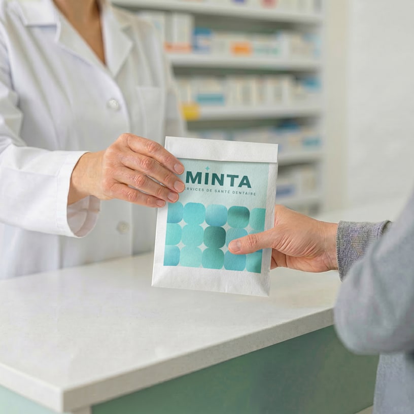 Une pochette en papier kraft blanc, personnalisée pour une boutique de santé et bien-être.