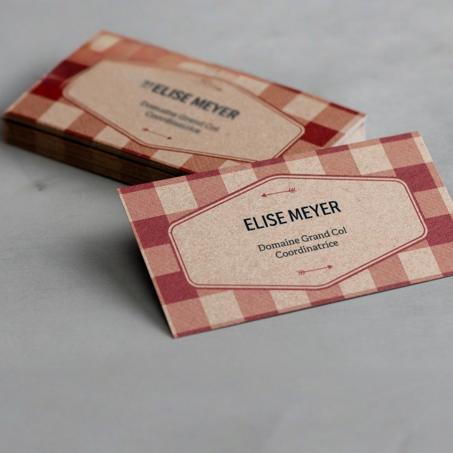 Une carte d’affaires sur papier kraft ornée d’un motif coloré, conçue par un créateur indépendant.