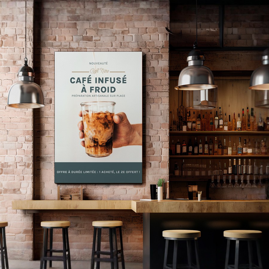 Un cadre en tissu tendu dans un café, faisant la promotion de leur nouveauté ajoutée au menu.