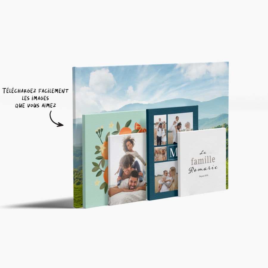Impression de toiles photo personnalisées de différents formats présentant différentes images et photos. Il est précisé que vous pouvez importer le graphisme de votre choix. 