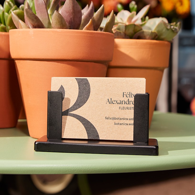 Une pile de cartes de visite en papier kraft pour un fleuriste est présentée dans un porte-cartes noir, le tout accompagné de plantes grasses.