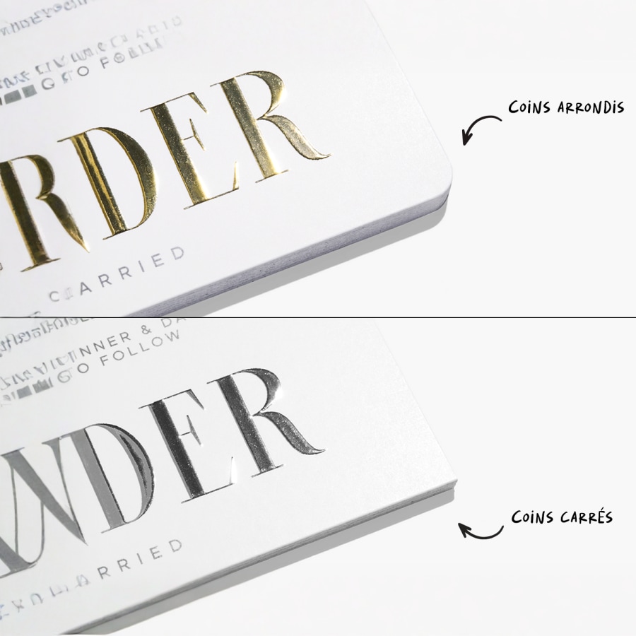 Présentation des cartes de visite effet métallisé en relief dorées et argentées, avec mise en valeur des coins arrondis et carrés.
