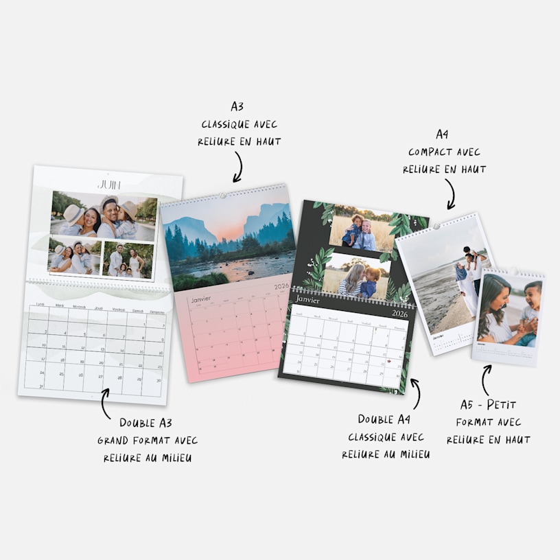 Calendriers muraux personnalisés de différents formats et graphismes. Une note met en avant les différents formats de calendrier mural VistaPrint. 