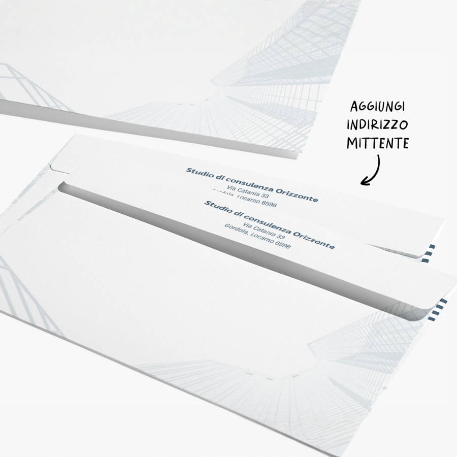 Buste commerciali con stampato sulla linguetta l’indirizzo di un servizio di consulenza, con l’indicazione di aggiungere il proprio indirizzo di ritorno. 