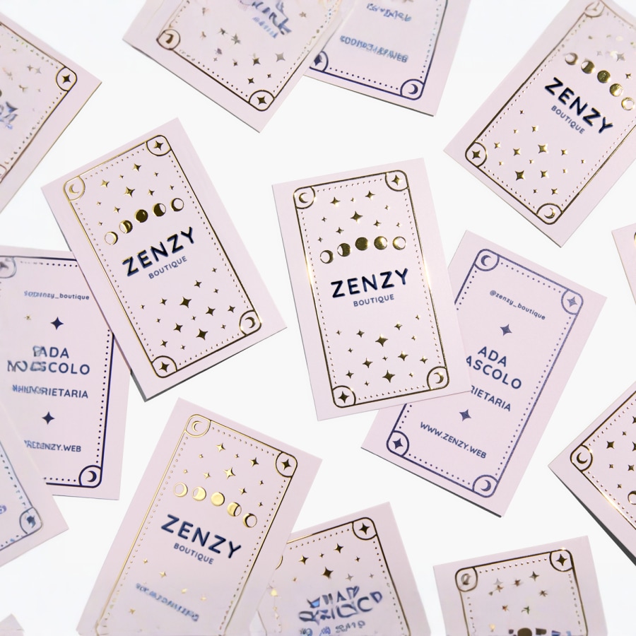 Una pila di biglietti da visita con dettagli metallizzati in rilievo per una boutique.