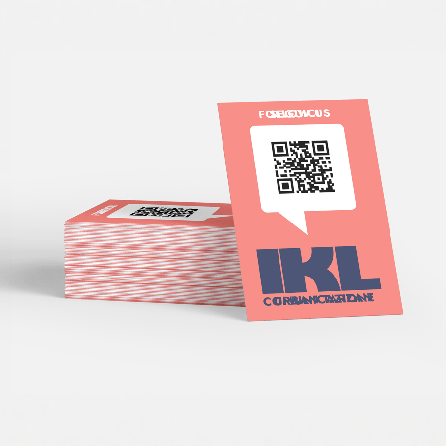 Una pila di biglietti da visita multistrato con un codice QR per un’impresa di comunicazione.
