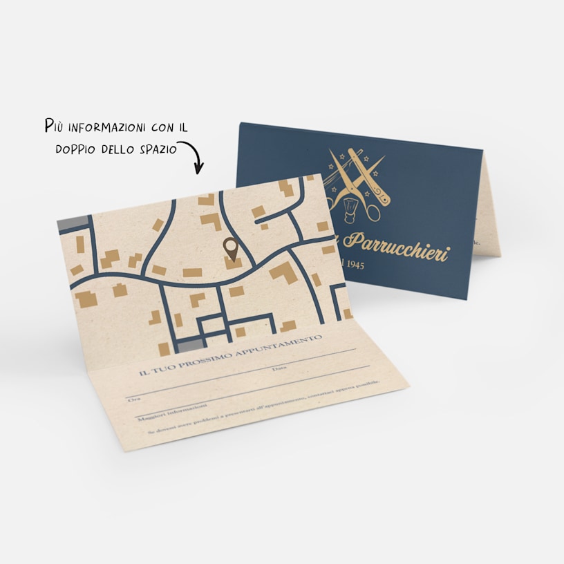 Dei biglietti da visita pieghevoli per un barbiere su cui è segnato il promemoria di un appuntamento, con una nota che evidenzia lo spazio aggiuntivo per scriverci sopra.