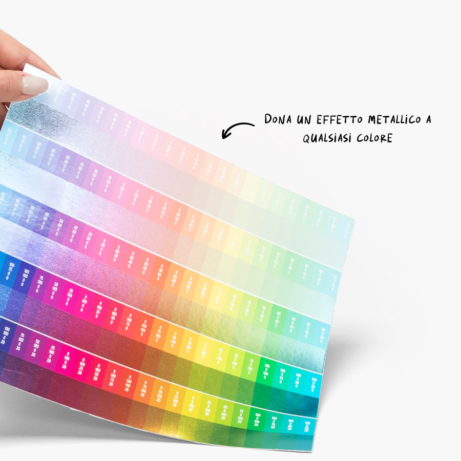 Una tavolozza di colori, sollevata da una mano, indica che si può aggiungere un effetto metallizzato in qualsiasi tonalità.