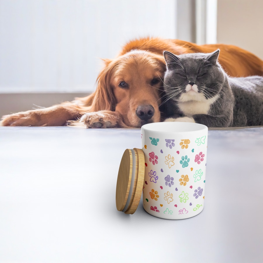 Un cane e un gatto guardano un barattolo di leccornie personalizzato con impronte di zampe. 