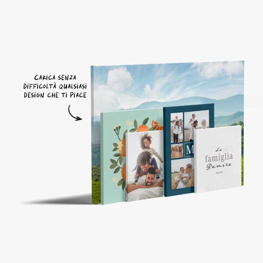 Delle tele di varie dimensioni con diverse foto e immagini. Su una nota c’è scritto che è possibile caricare qualsiasi design si desideri. 