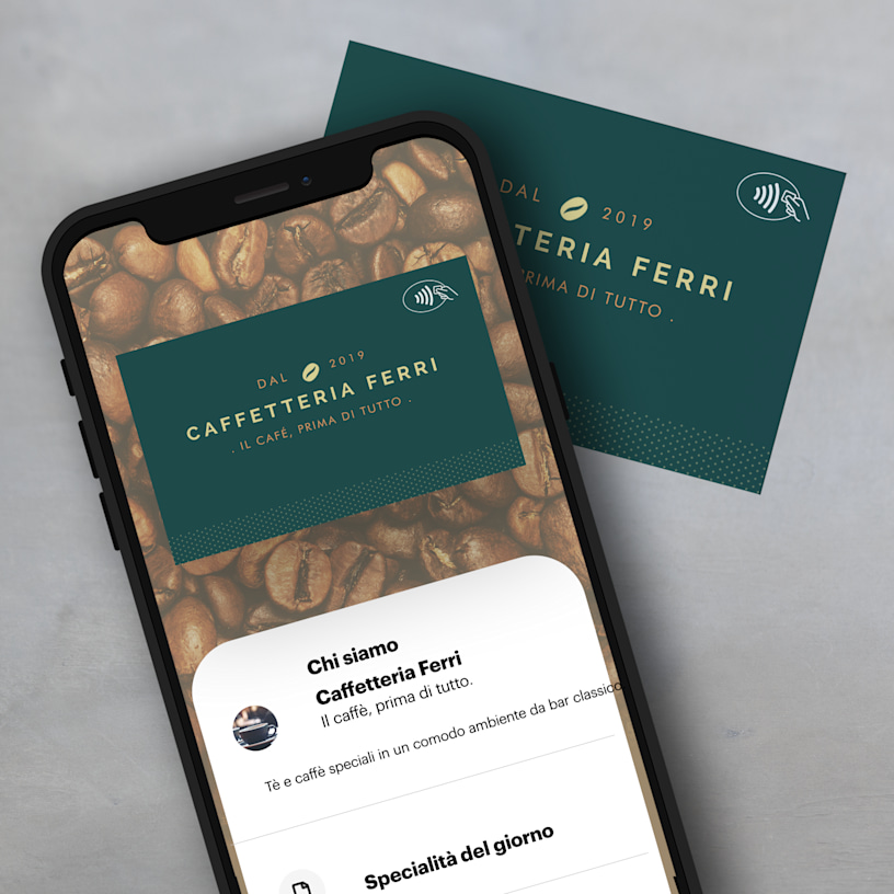 Un biglietto da visita con codice QR per un bar, presentato in versione cartacea e digitale su uno smartphone.