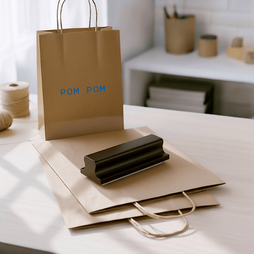 Un timbro in gomma e sacchetti di carta Kraft personalizzati che promuovono un’attività al dettaglio dal nome Pom Pom.