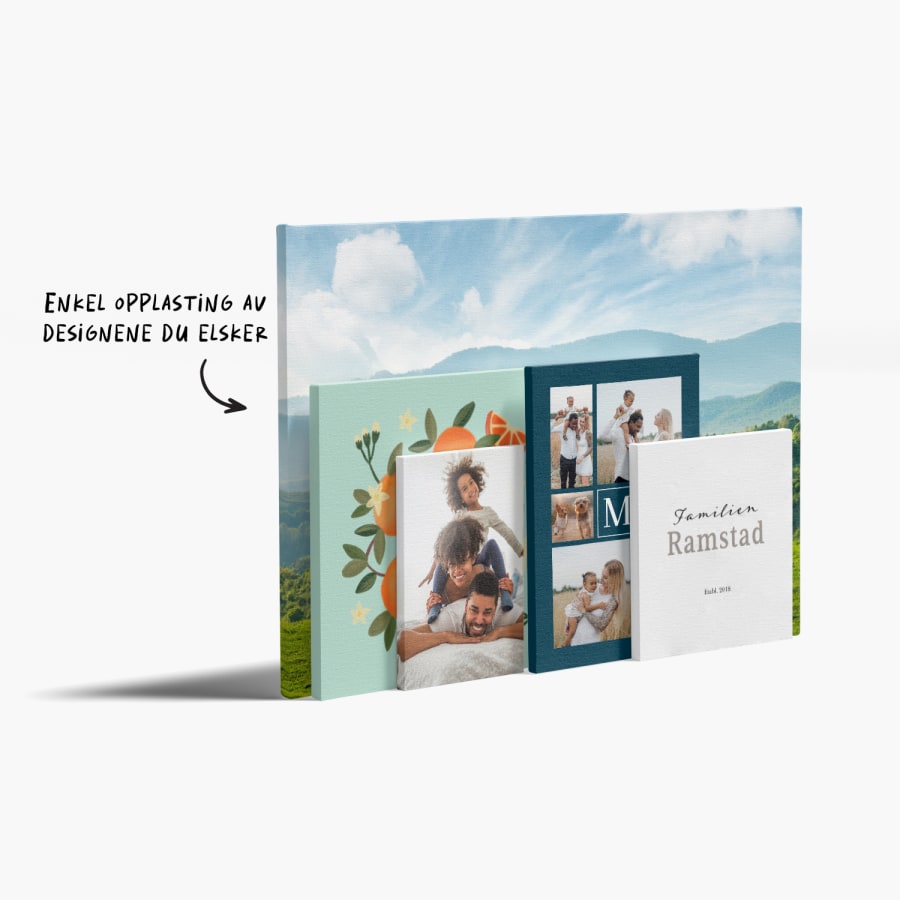 Trykk på lerret i ulike størrelser med et utvalg av bilder, med en merknad om at du kan laste opp et valgfritt design. 