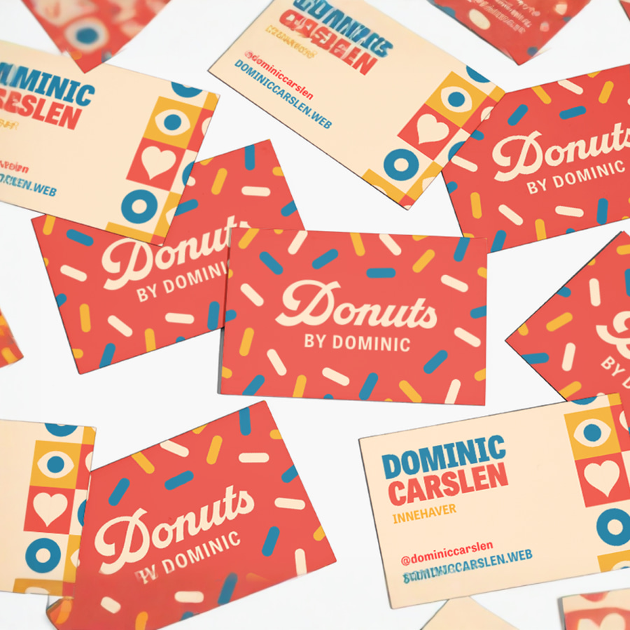Forsiden og baksiden av ekstra tykke visittkort for en donut-butikk.