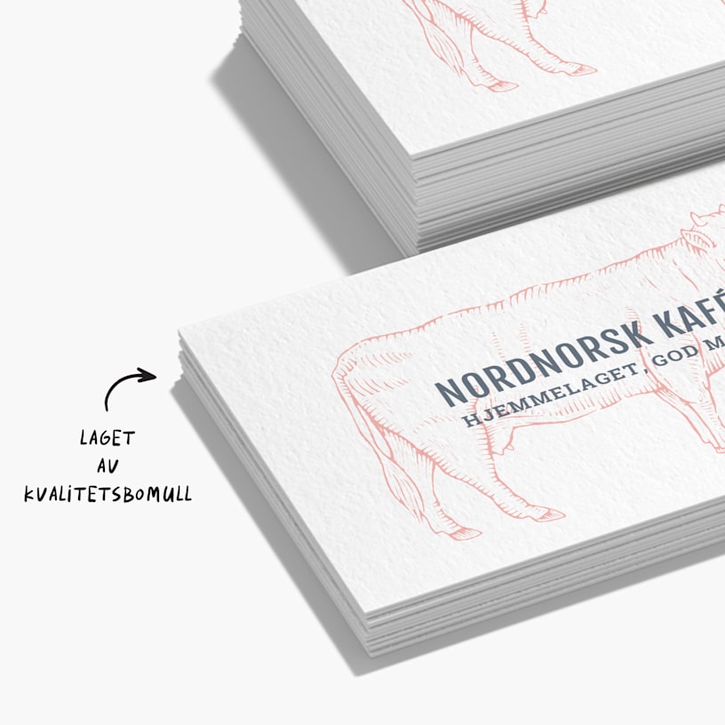 Visittkort for en gourmetrestaurant med en notat om de er laget av bomull av høy kvalitet.