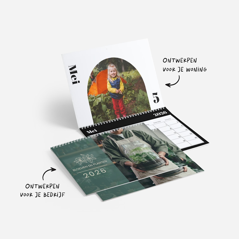 2 gepersonaliseerde wandkalenders met foto's. In de opmerkingen staan opties voor thuis en op kantoor. 