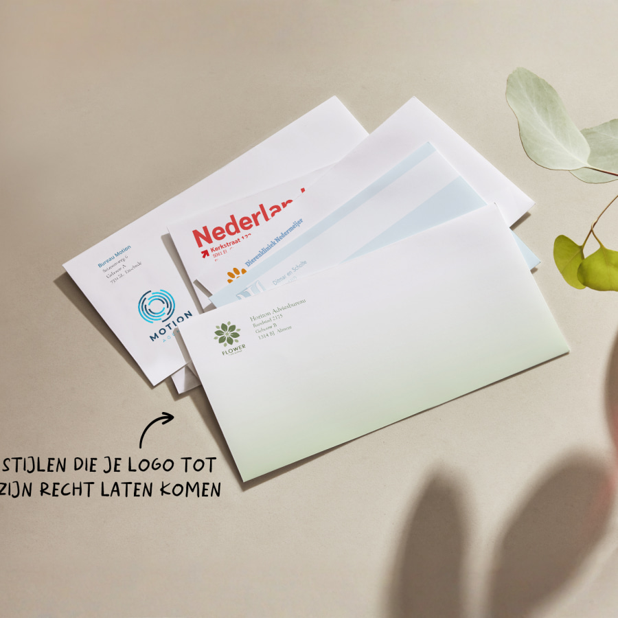 Een groep DL-enveloppen gepersonaliseerd voor verschillende bedrijven, met een opmerking dat er verschillende stijlen zijn om je logo te laten zien.
