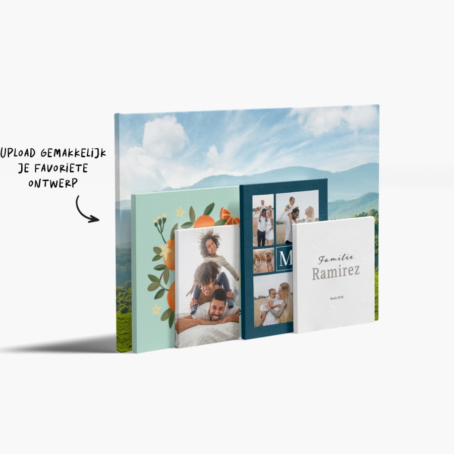 Foto's op canvas in verschillende formaten met diverse afbeeldingen en foto's en de opmerking dat je elk ontwerp dat je leuk vindt kunt uploaden. 