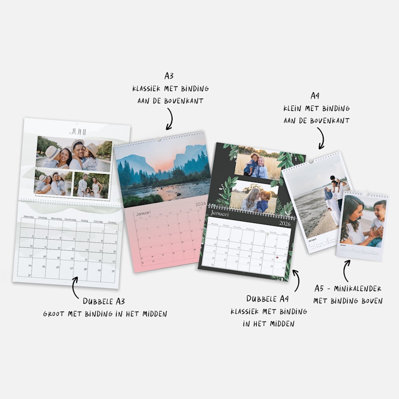 Verschillende wandkalenders met gepersonaliseerde foto's, in verschillende formaten en ontwerpen. In de opmerkingen staan de verschillende formaatopties. 