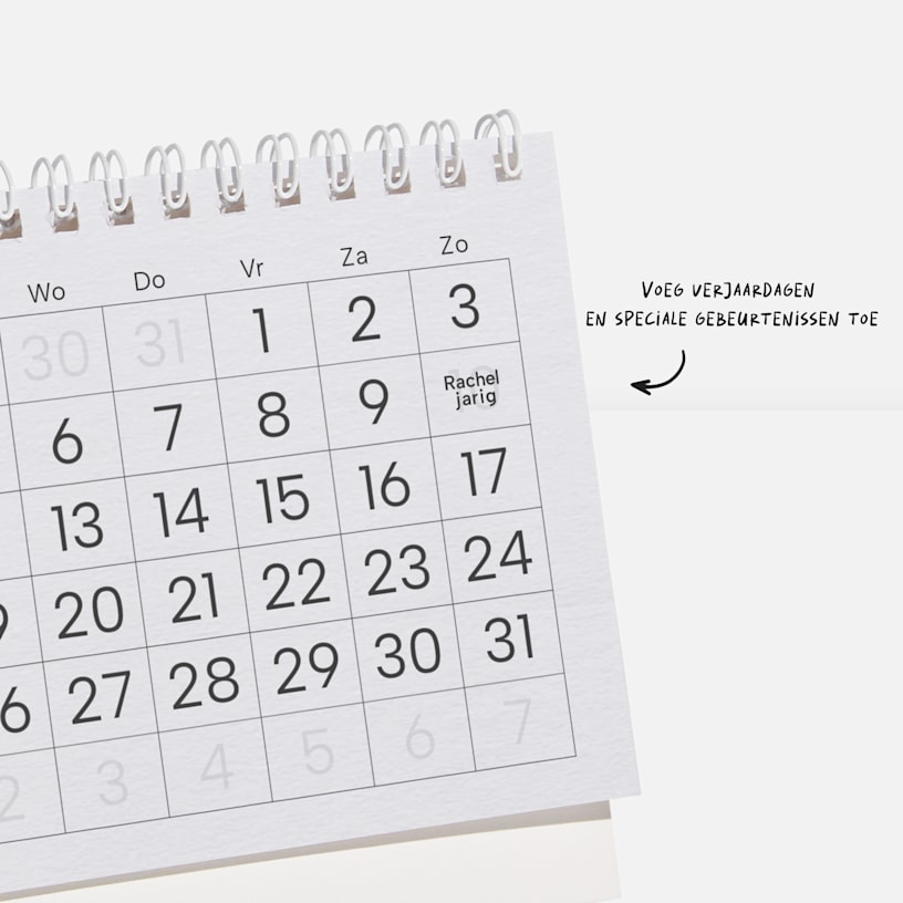 Een kalendertabel met een opmerking dat je verjaardagen en speciale evenementen aan je bedrukte kalender kunt toevoegen. 