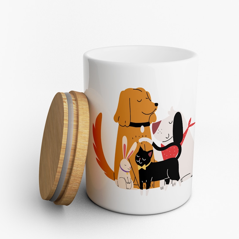 Een gepersonaliseerde snoeppot bedrukt met afbeeldingen van katten en honden. 