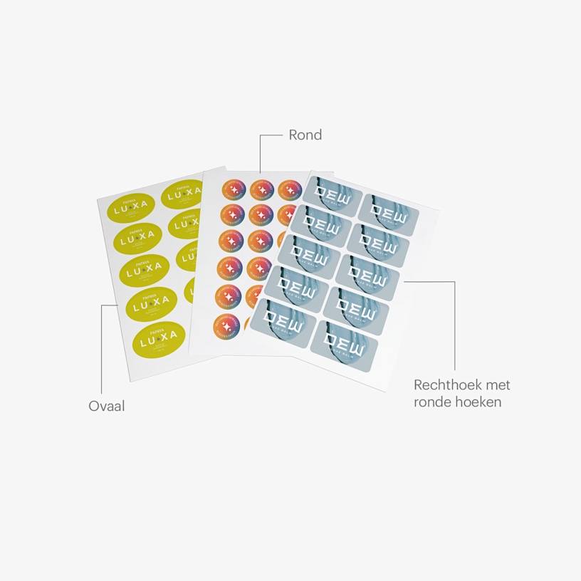 Drie vellen stickers met notities over de verschillende vormen: ovaal, rond en rechthoekig met ronde hoeken.