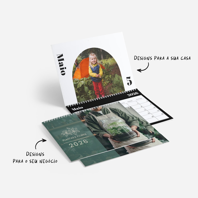 2 calendários de parede personalizados com fotografias. As notas destacam as opções para casa e escritório. 