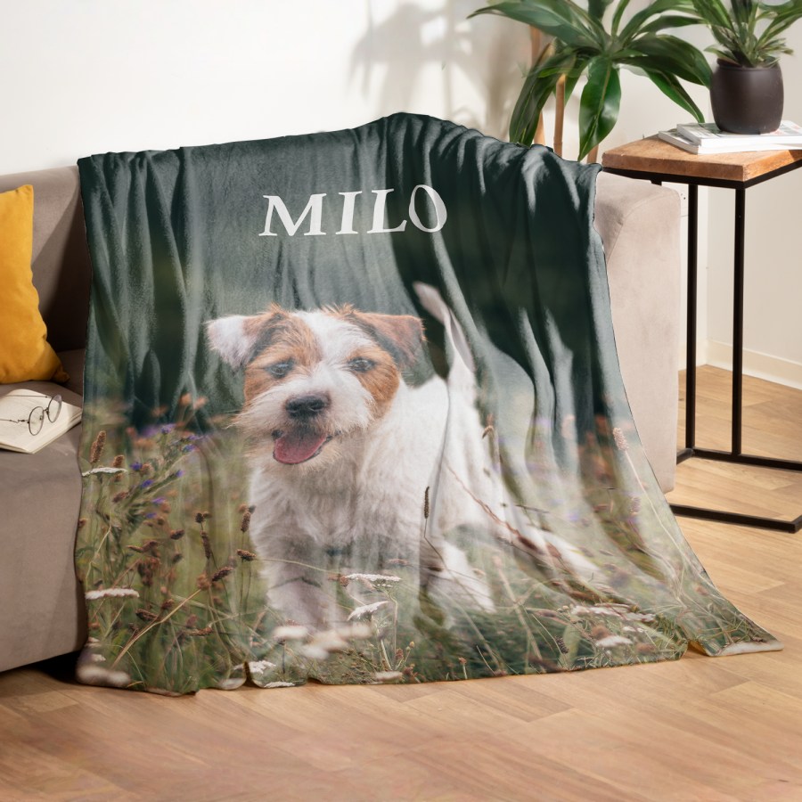 Uma manta personalizada com a imagem e o nome de um cão. 