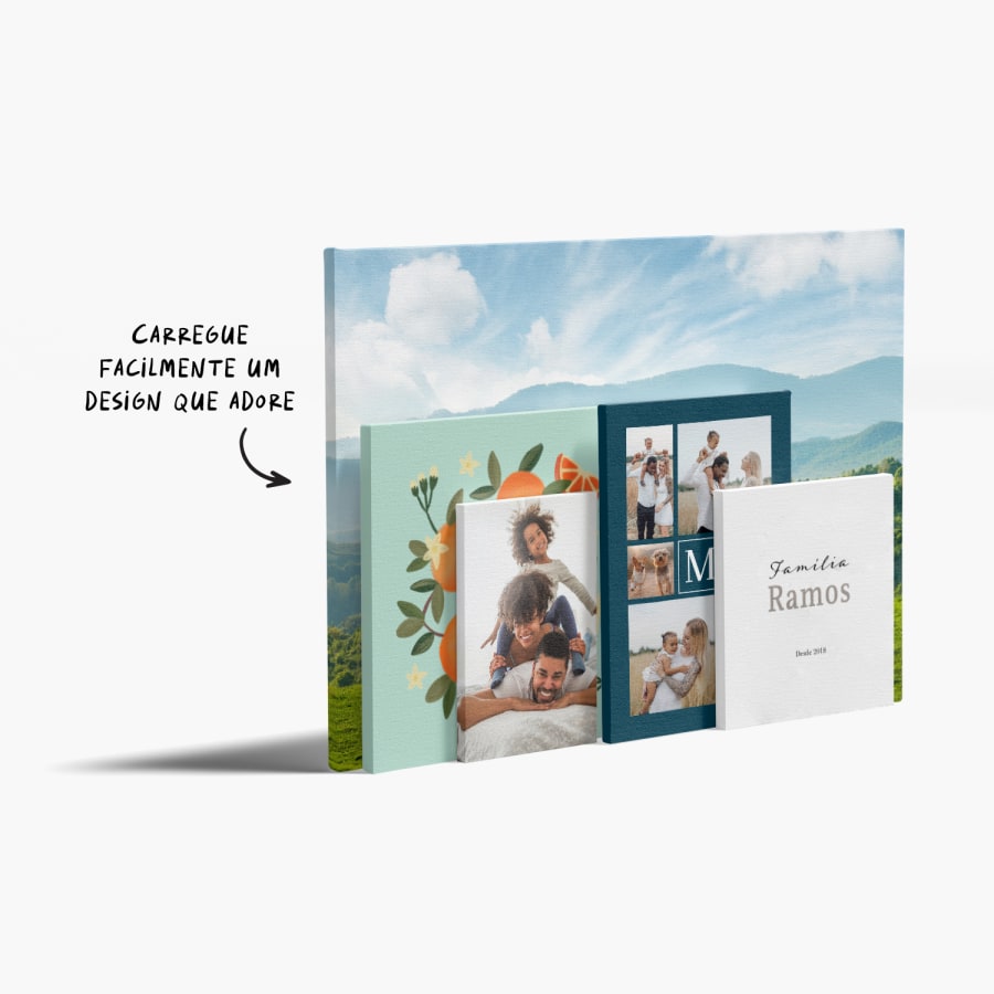 Telas com fotografias de vários tamanhos com diversas imagens e fotografias e uma nota a indicar que é possível carregar qualquer design que se adore. 