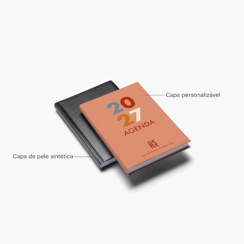 Duas agendas com capa dura, com notas a indicar os diferentes estilos de capa.