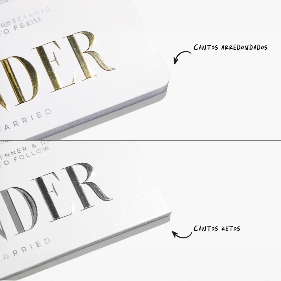 Cartões de visita com acabamento brilhante em relevo dourado e prateado, que destacam os cantos arredondados e quadrados, respetivamente.