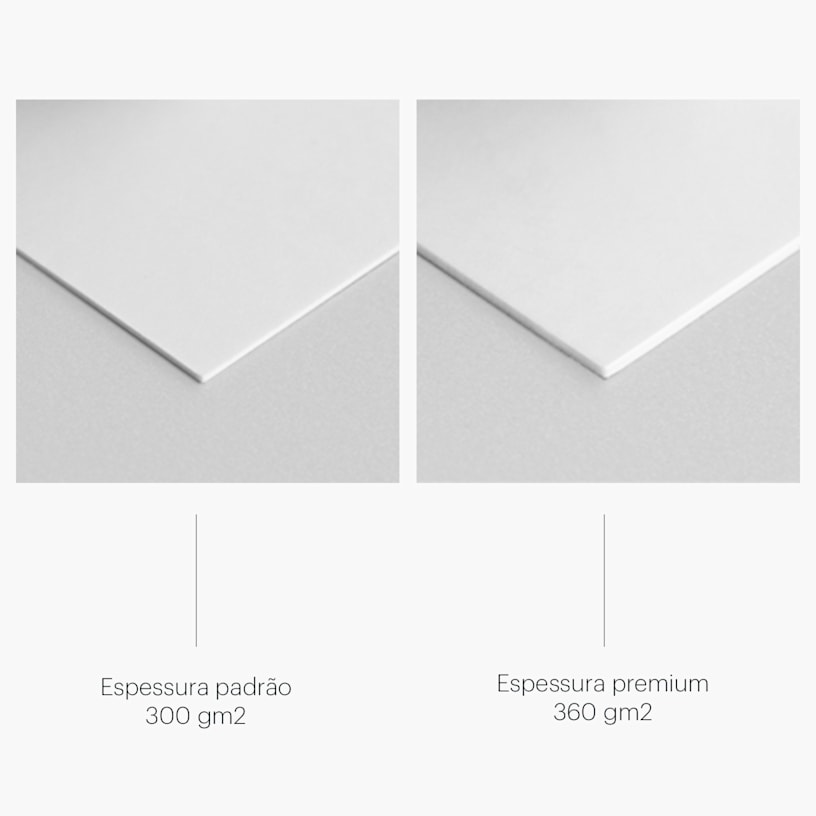 Duas imagens de referência a mostrar as opções de espessura do papel para cartões de visita com verniz UV localizado.