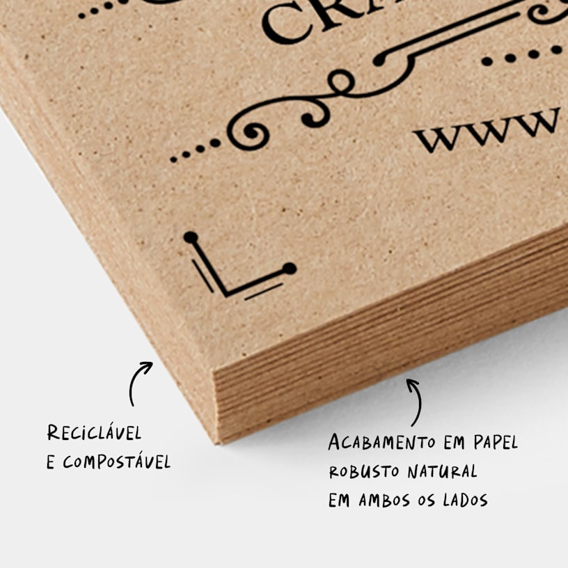 Uma pilha de cartões de visita em papel robusto com anotações ao lado a indicar que os cartões são recicláveis, compostáveis e têm acabamento em papel robusto de ambos os lados.