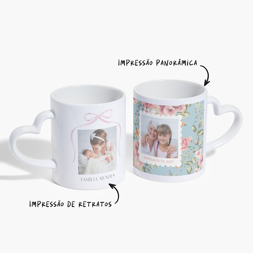 Duas canecas com asa de coração, uma com o nome de família impresso e outra personalizada para uma avó. Uma nota a indicar que tanto a impressão com orientação vertical como horizontal estão disponíveis. 